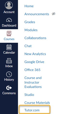 Visual picture of the navigation menu inside of tutor.com.  The "tutor.com" text is highlighted.