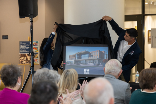 Mrs. Cindy Morriss, Mr. Jim Morriss, and Ms. Cynthia Goerke are joined by A&M-Texarkana President Dr. Ross Alexander and Dr. Melina Arnold, Provost and Senior Vice President for Academic Affairs, at a naming ceremony for the university’s new Business, Engineering, and Technology Building and Division of Engineering. Both the new academic building (currently under construction) and the university’s Division of Engineering were named for James C. Morriss, founder of JCM Technologies.