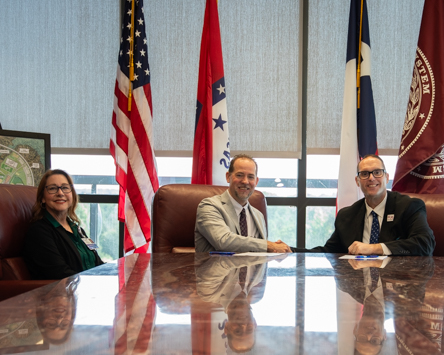 Photo: Encompass Health Human Resources Director Christina Huntze (left) and CEO Todd Wallace (center) join A&M-Texarkana President Dr. Ross Alexander (right) as the company and the university form an academic partnership. The new partnership allows full-time employees of Encompass Health Rehabilitation Hospital to take coursed at the university at discounted tuition rates.