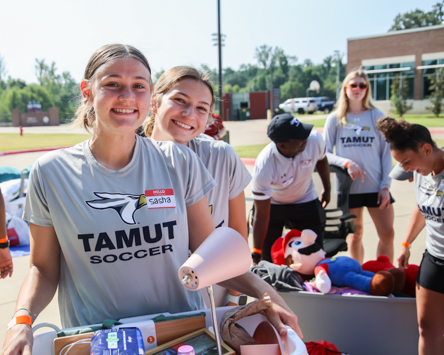 Members of the TAMUT women’s soccer team help move a freshman student into the Bringle Lake Village residence hall. Every year dozens of students, faculty, staff, and community members volunteer to help make the move-in process as simple and painless as possible. TAMUT has set record enrollment numbers for the fall 2024 semester, including the number of students living on campus.